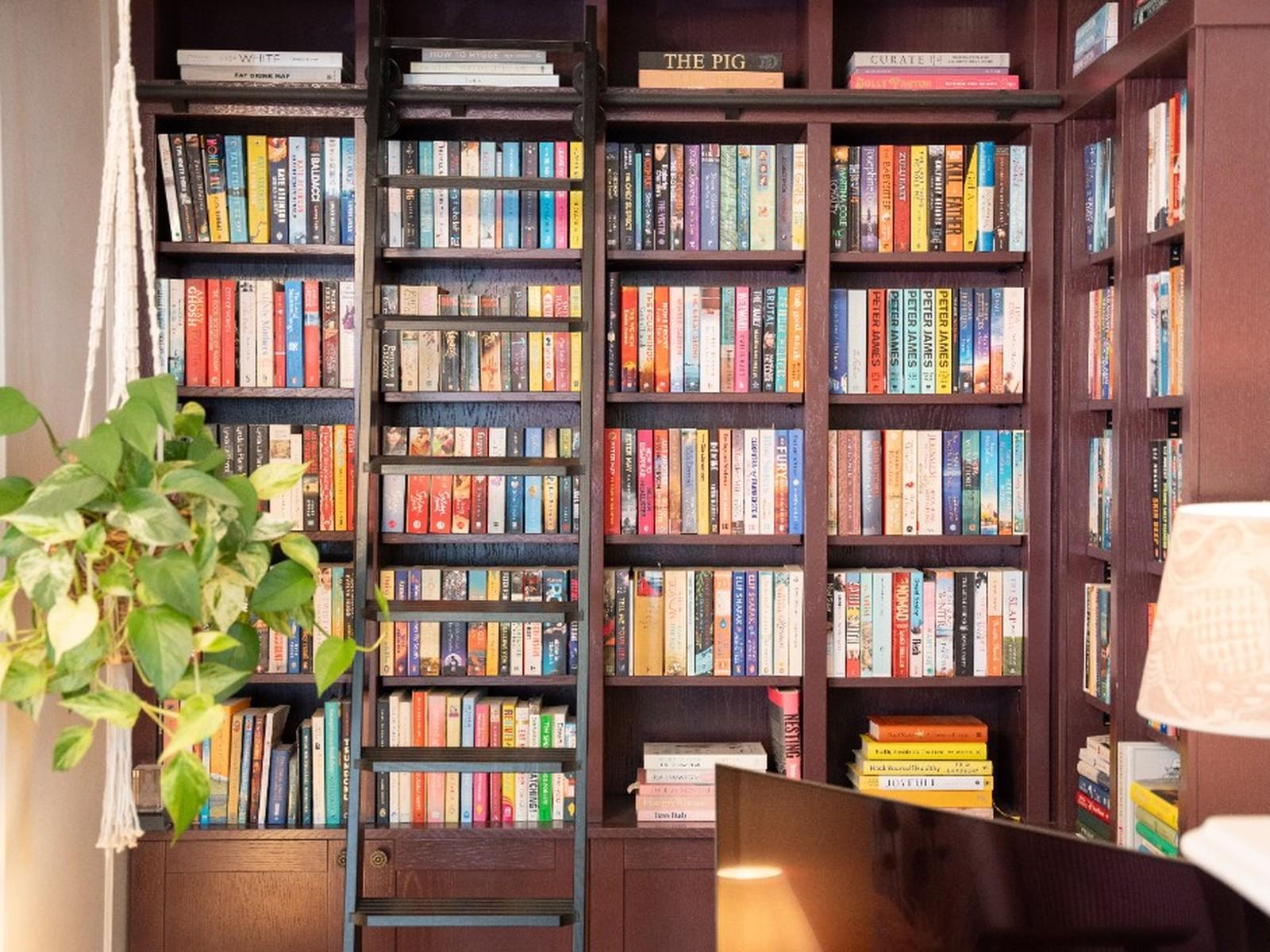 Floor-to-ceiling plum painted library with open bookshelves, closed cabinets below and a black library ladder