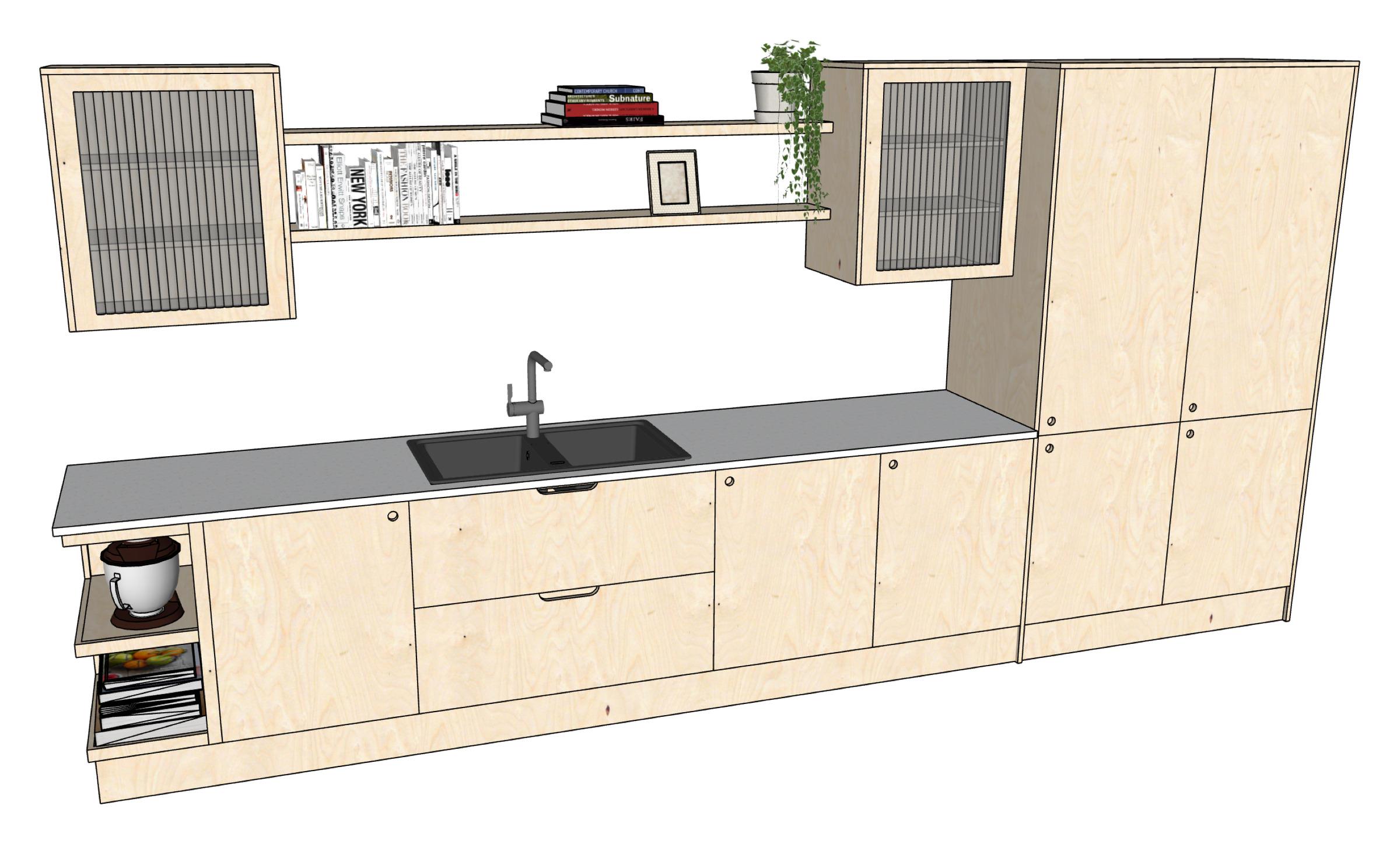 CAD drawing of a proposed light oak kitchen run with wall cabinets, open shelves and tall storage